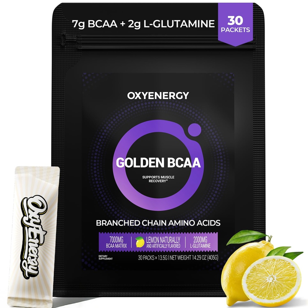 OxyEnergy BCAA 2:1 Toz, 7g BCAAs ve 2g L-Glutamine, Taurin for Muscle Recovery, Artan Endurance, Perfect Reese Aicds for Pre & Post Workout Recovery, Sugar Free, Lemon, 30 Stick Pack Pack