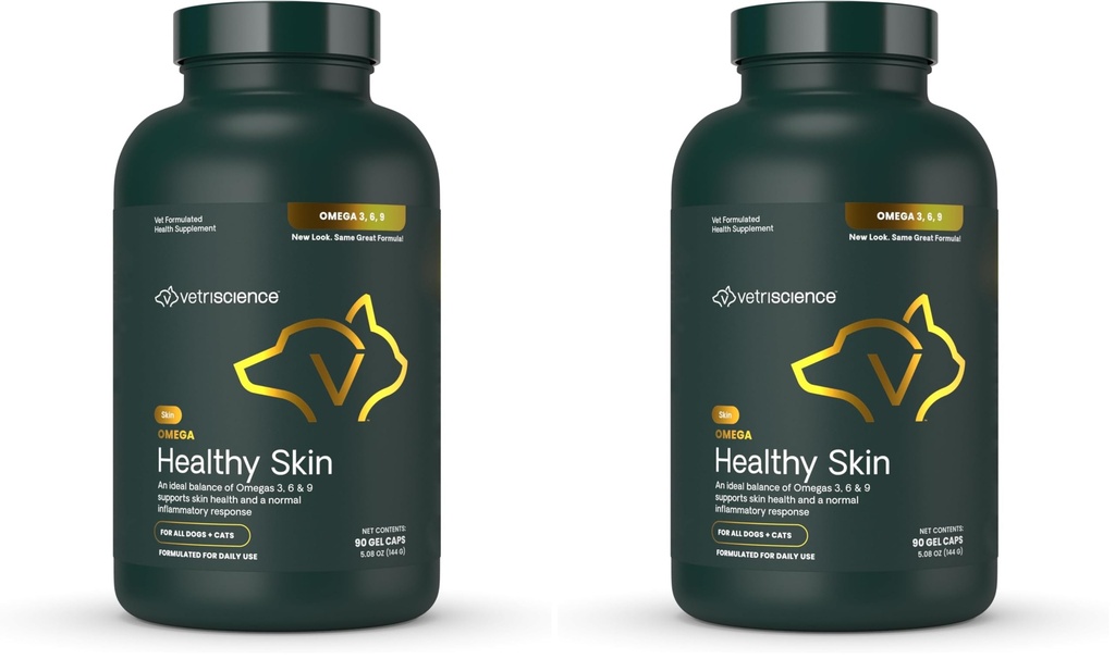 VetriScience Omega Healthy Skin Capsules, 3.6.9 Fish Oil Supplement for Dogs & Cats, Skin Health, Coat Growth, Reduce Shedding, Over 750 mg Omega Fatty Acids per Capsule, Gel Caps,90 Count(Pack of 2)