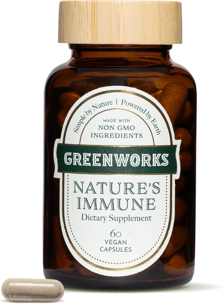 Greenworks Nature's Immune - Organik Daily Immune Support with Elderberry, Echinacea, Ginger, Turmeric & Medicinal Mushrooms – Vegan, Non-GMO, Gluten-Free – 30 Hizmet