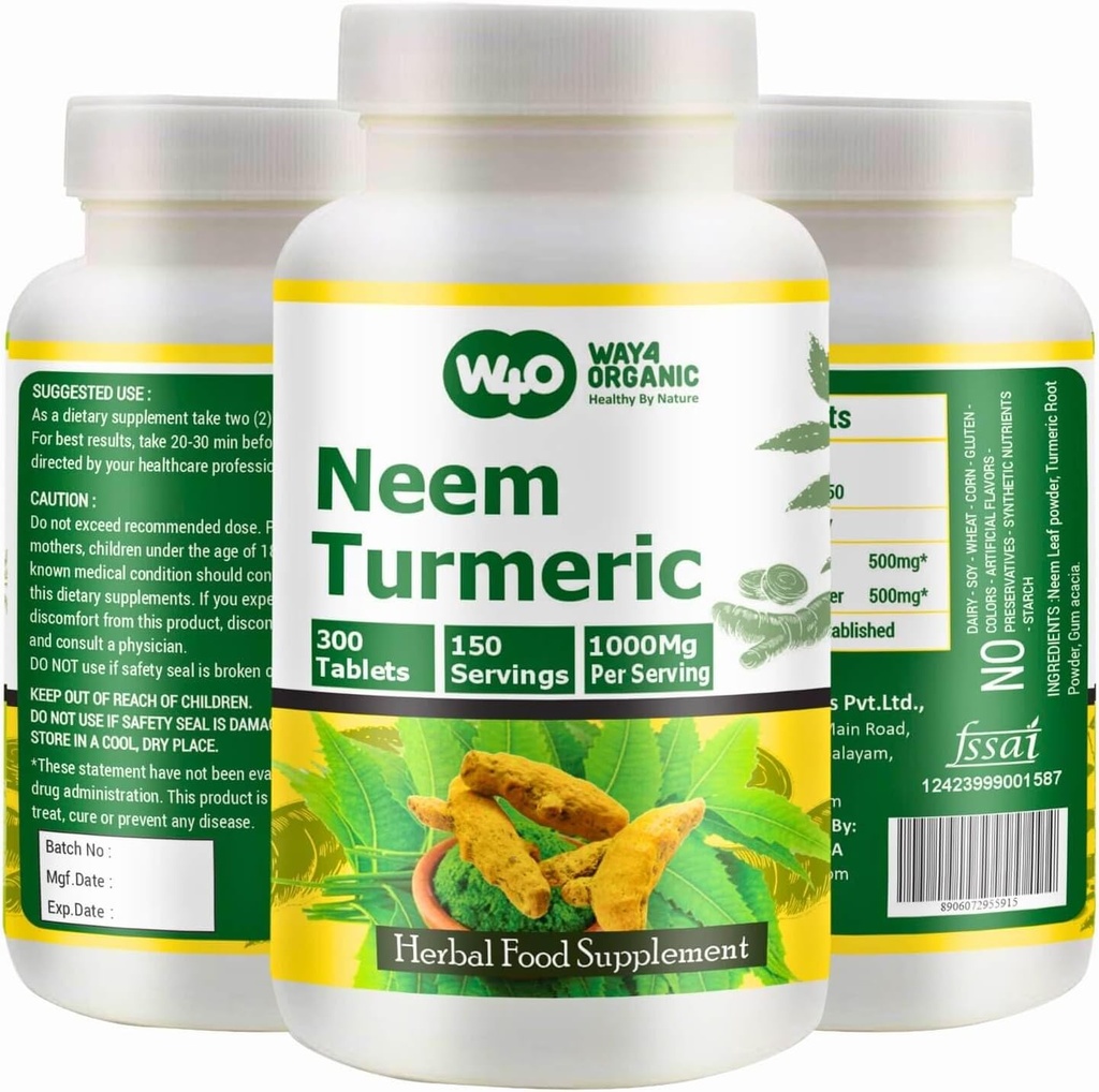 Κάψουλες Neem Turmeric (Πίνακες) - Υψηλής ισχύος δισκία Azadirachta Indica, φύλλα Neem και Turmeric σε ίση αναλογία - 300 δισκία, 150 Serving, 1000 Mg. Συσκευασία του 1.
