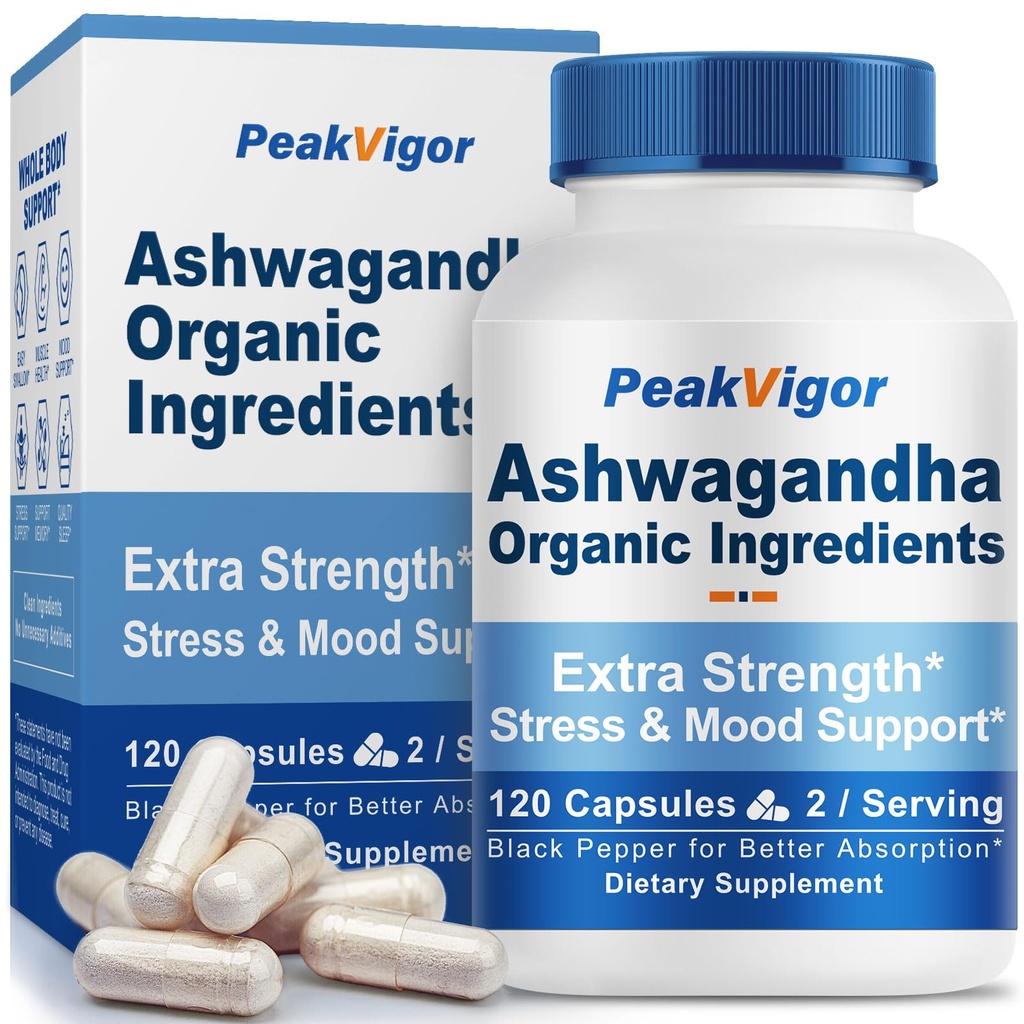 7000mg Organic Ashwagandha Capsules, Ashwaganda Powder Supplements with Black Pepper, Stress Support Ashwagandha for Women & Men, Vegan & Non-GMO & Gluten-Free, 120 Counts