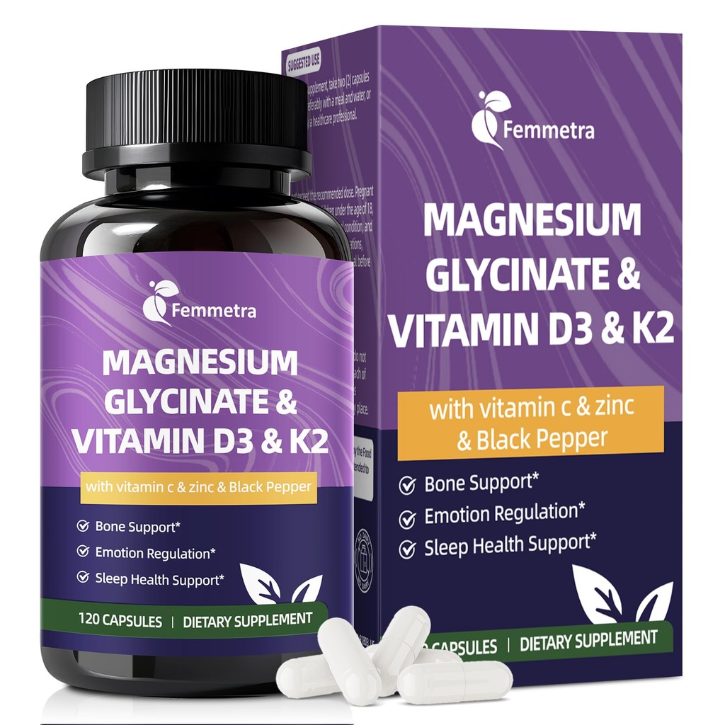 Magnesium Glycinate 600mg Vitamin D3 K2 Supplement with Vitamin C, Zinc, & Aloe Vera - Bone Support, Energy & Mood Manage & Sleep Health for Men & Women, Non-GMO, Vegan, 120 Capsules