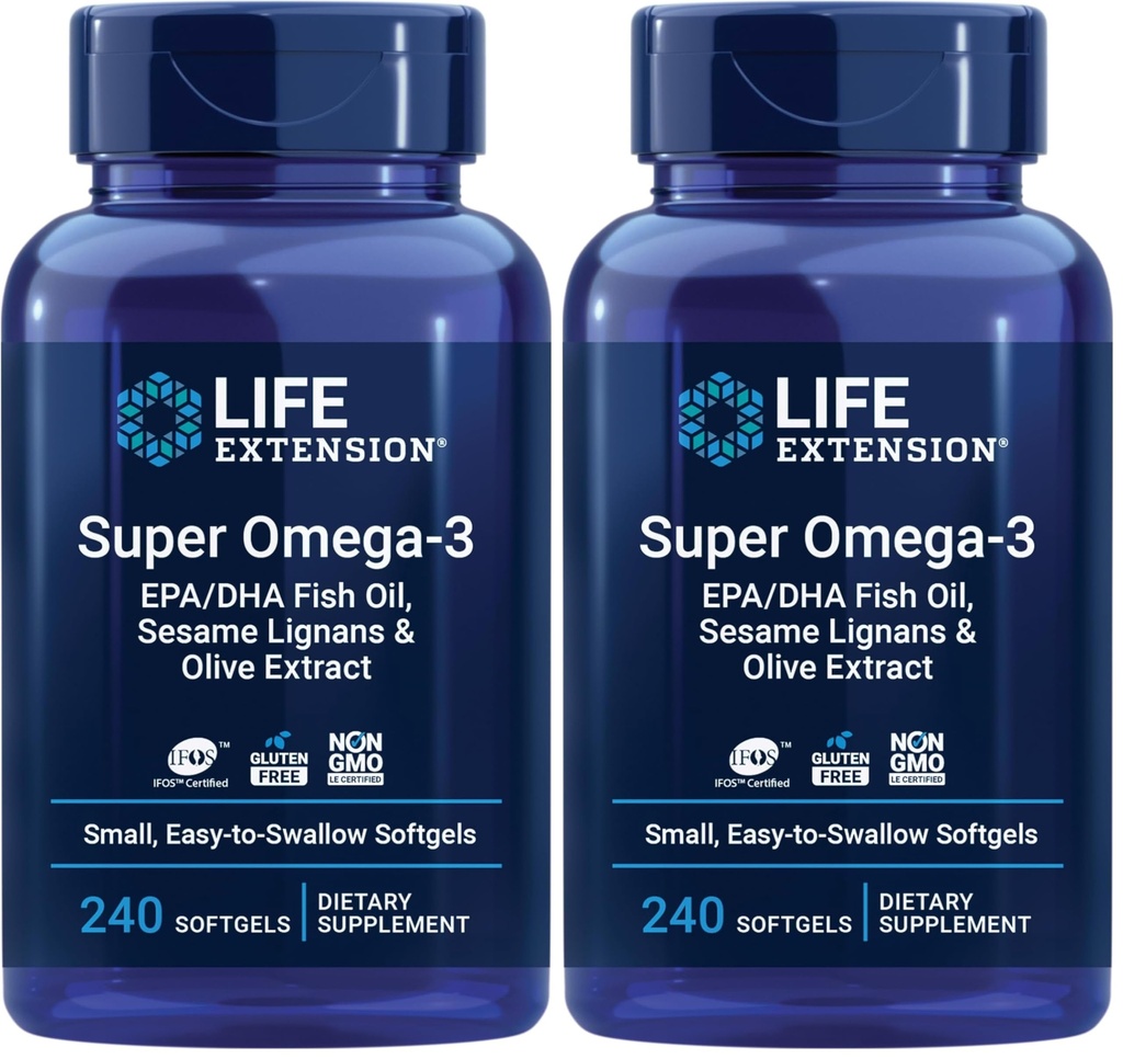 Life Extension Super Omega-3 EPA/DHA Fish Oil, Sesame Lignans & Zeytinyağı - Kalp, Beyin, Inflammation Health Support, Gluten-Free, Easy to Swallow, Non-GMO, 240 Softgels (Pack of 2)