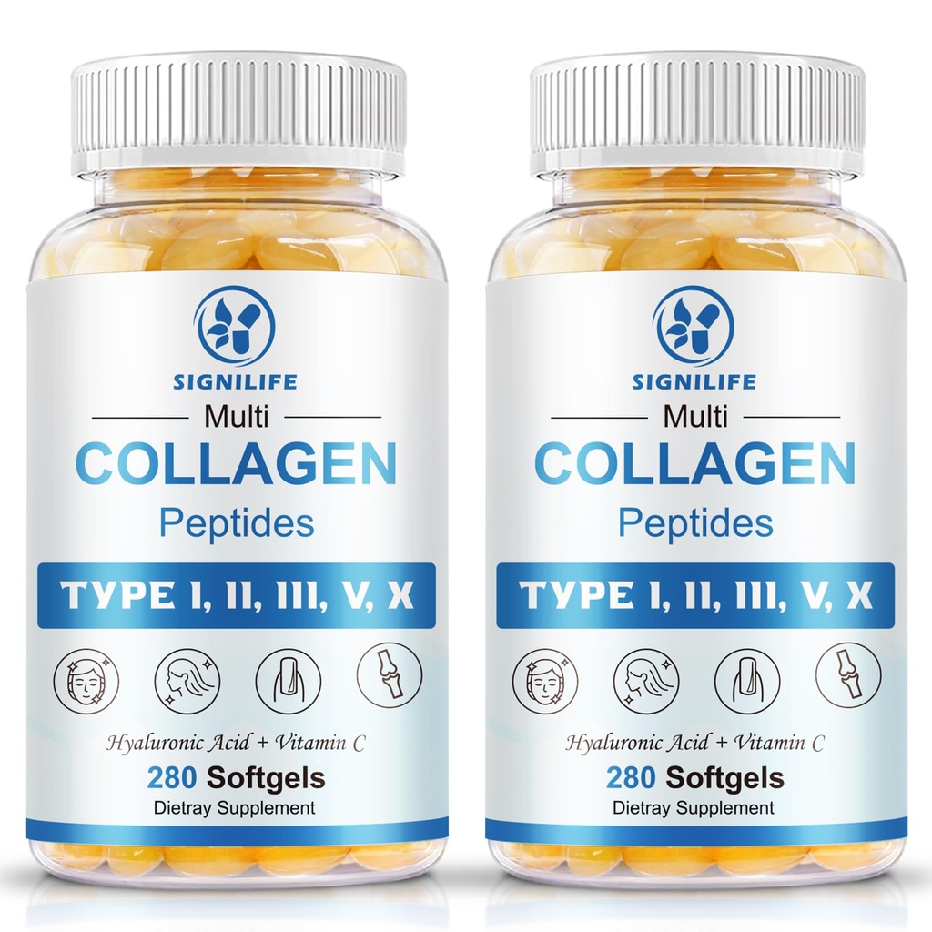 Multi Collagen Peptides for Women & Men, Hydrolyzed Collagen Peptides-Type I, II, III, V, X - with Hyaluronic Acid,Vitamin C,Biotin,Supports Skin Hair Nail, Non-GMO,560 Softgels