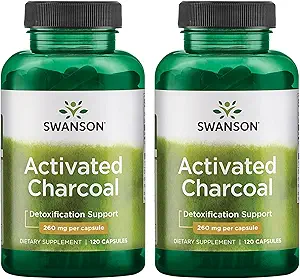 Swanson aktif Charcoal - Doğal Supplement Sağlıklı Absorpsiyon Destekleme - Bowel Düzenliliği Sağlamak - (120 Capsules, 520 mg per Service) 2 Pack
