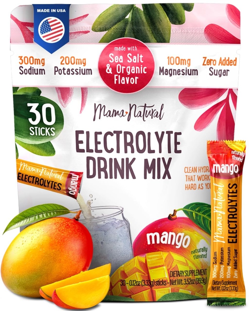 Mama Natural Electrolytes Powder Packets – Instant Hydration with natural Sea Salt, Potassium & Magnesium Glycinate – Sugar Free, Organic Mango Flavor – 30 Travel Sticks for Postpartum & Pregnancy