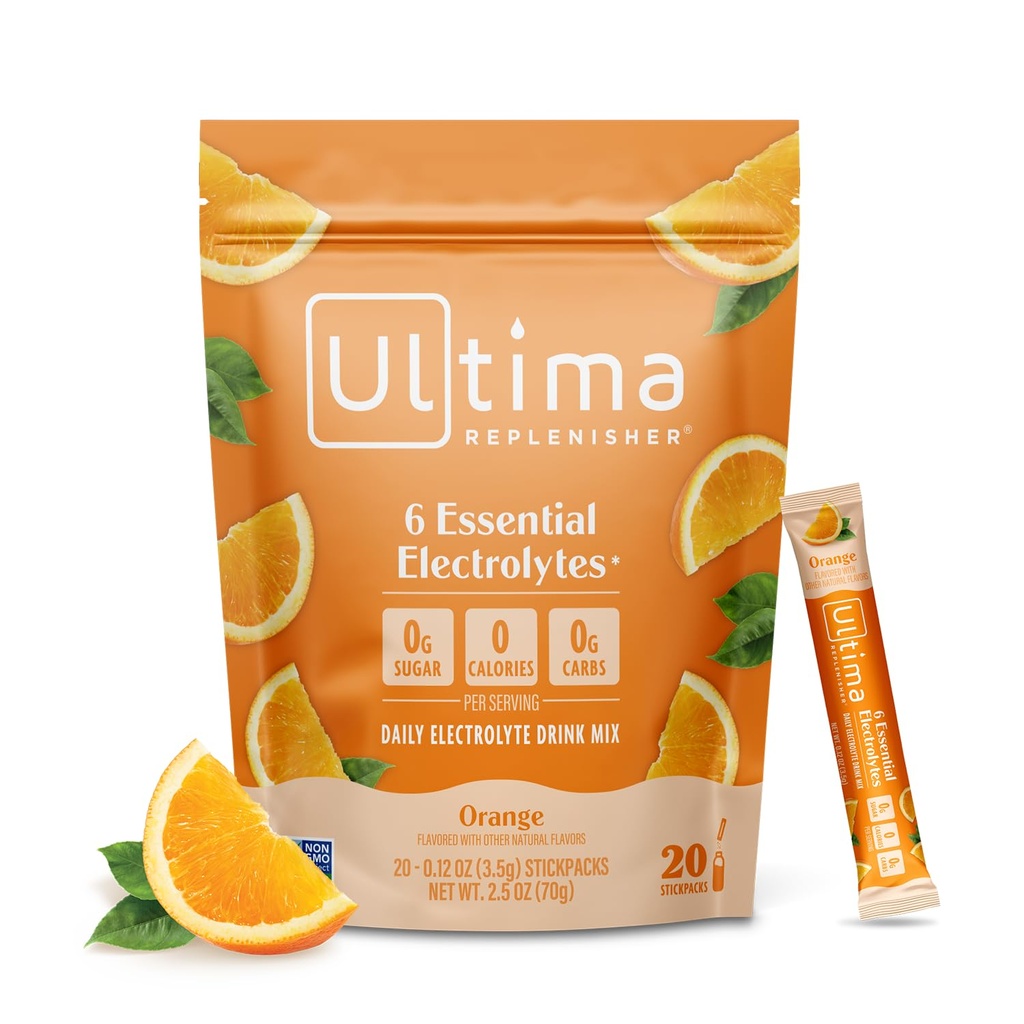 Ultima Replenisher Daily Electrolyte Toz İçecek Mix –Sugar Free – Orange, 20 Stickpacks – Hydration Packets with 6 Key Electrolytes and Trace Minerals – Keto Friendly, Vegan, Non-GMOMO