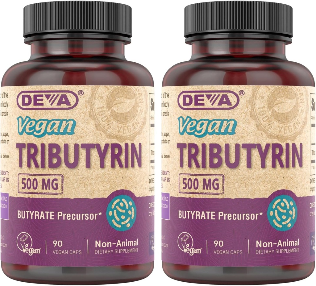 DEVA Vegan Tributyrin συμπλήρωμα - Butyrate Precursor, υποστήριξη φραγμάτων κόκκων, βουτυρικό οξύ, 500 MG κάψουλες Vegan, Leaky Gut support, Digetion, 90 Count (Pack of 2)