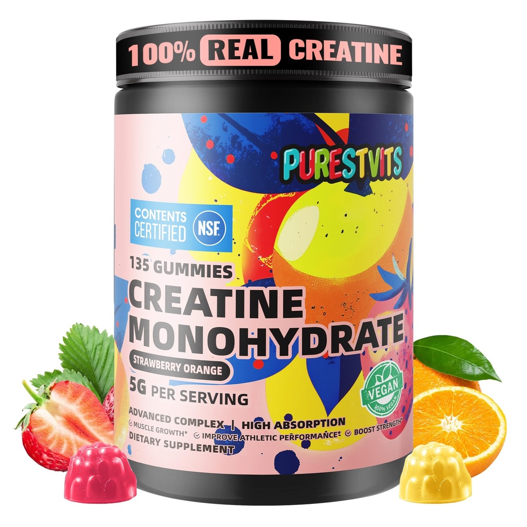 NSF, Kreatine Gummy 5g'i onayladı - Kol ve Kadınlar için Pre-Workout Enerji ve Kas Büyüme Desteği | Strawberry Orange Electrolyte Gummies (135 Count)