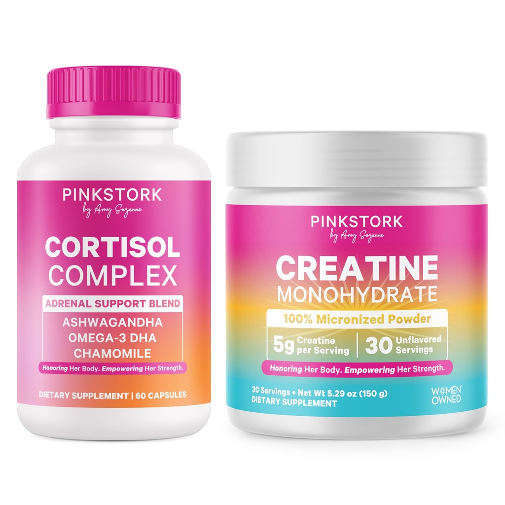Pink Stork Stres Desteği Kadınlar için Supplements | Cortisol Kompleksi Adaptogens & Kretine Monohidrat Toz | Enerji, Odak, Hormonlar, Mood & Cognitive Wellness for Women | Cortisol Kompleksi