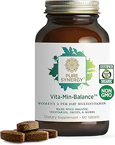 PURE SYNERGY Vita·Min·Balance | Demir ile Kadınlar için Çokvitamin | Organik Tüm Gıdalarla Yapılan Günlük Multivitaminler | Dengeli Enerji ve Stres Desteği (60 Tablet)