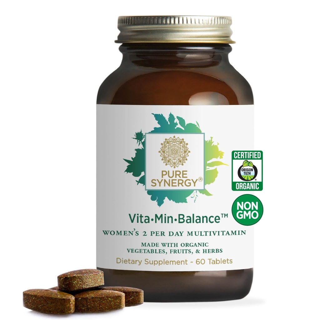 PURE SYNERGY Vita·Min·Balance | Demir ile Kadınlar için Çokvitamin | Organik Tüm Gıdalarla Yapılan Günlük Multivitaminler | Dengeli Enerji ve Stres Desteği (60 Tablet)
