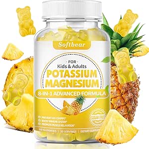 μαλακή αρκούδα Κάλιο Gummies για ενήλικες, χωρίς ζάχαρη Κάλιο συμπλήρωμα μαγνησίου με βιταμίνη Β6 CoQ10 για πόδια Cramps Μυική υγεία Vegan Ανανάς Γεύση 60 Gummies