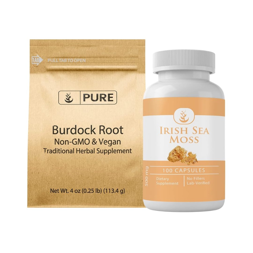 PURE ORIGINAL INGREDIENTS Burdock Root and Irish Sea Moss Bundle, Power & Pills, Lab-Verified, No Additives or Fillers