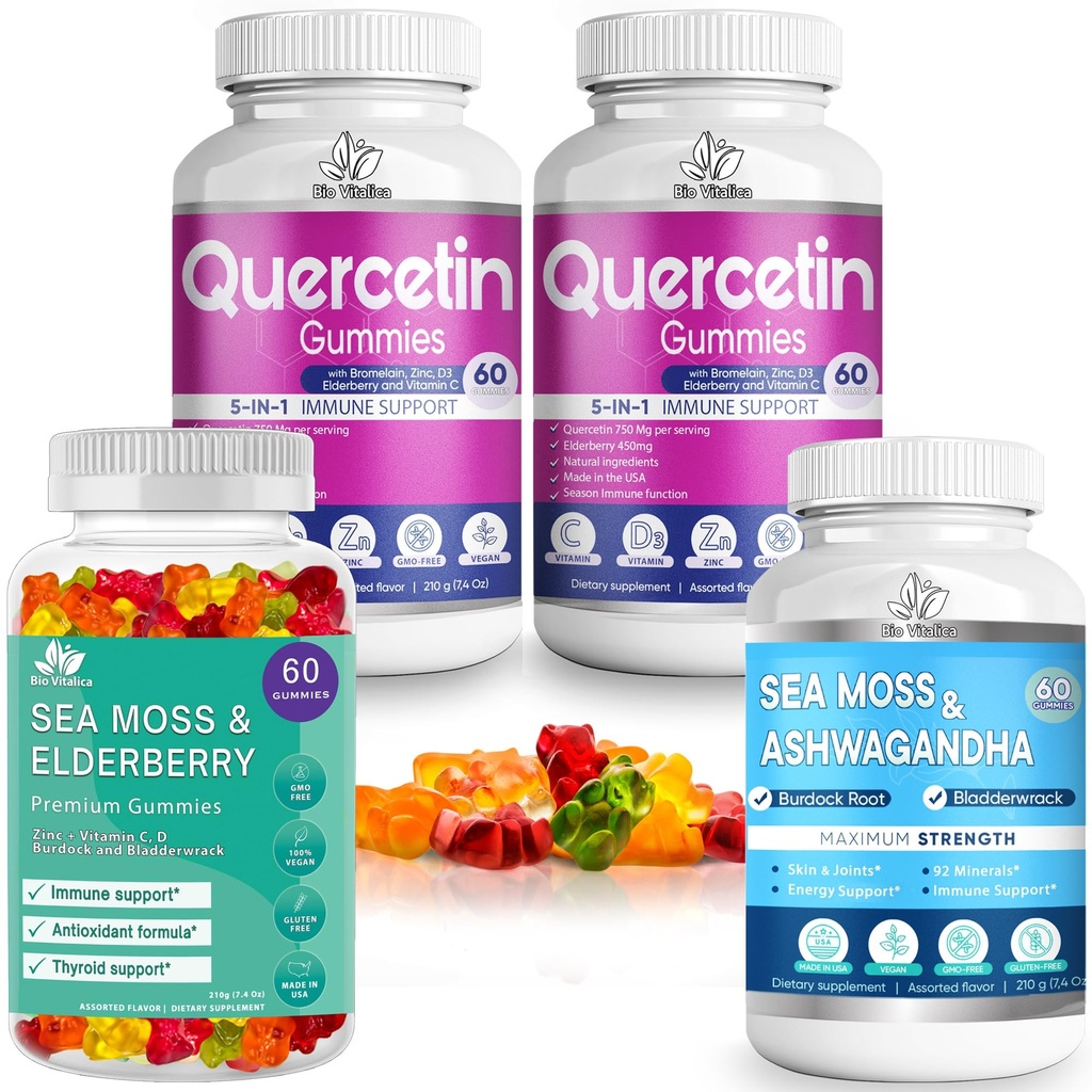 BIO VITALICA (Bundle) Sea Moss Elderberry (1 Pack) & Quercetin (2 Packs) & Sea Moss Ashwagandha (1 Pack)