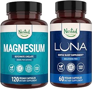 Φωλιασμένα φυσικά Luna Melatonin-Free Sleep Aid & Μαγνήσιο Γλυκινικό Χηλικό για βελτιωμένο ύπνο, χαλάρωση, & ανάκτηση (180 κάψουλες)