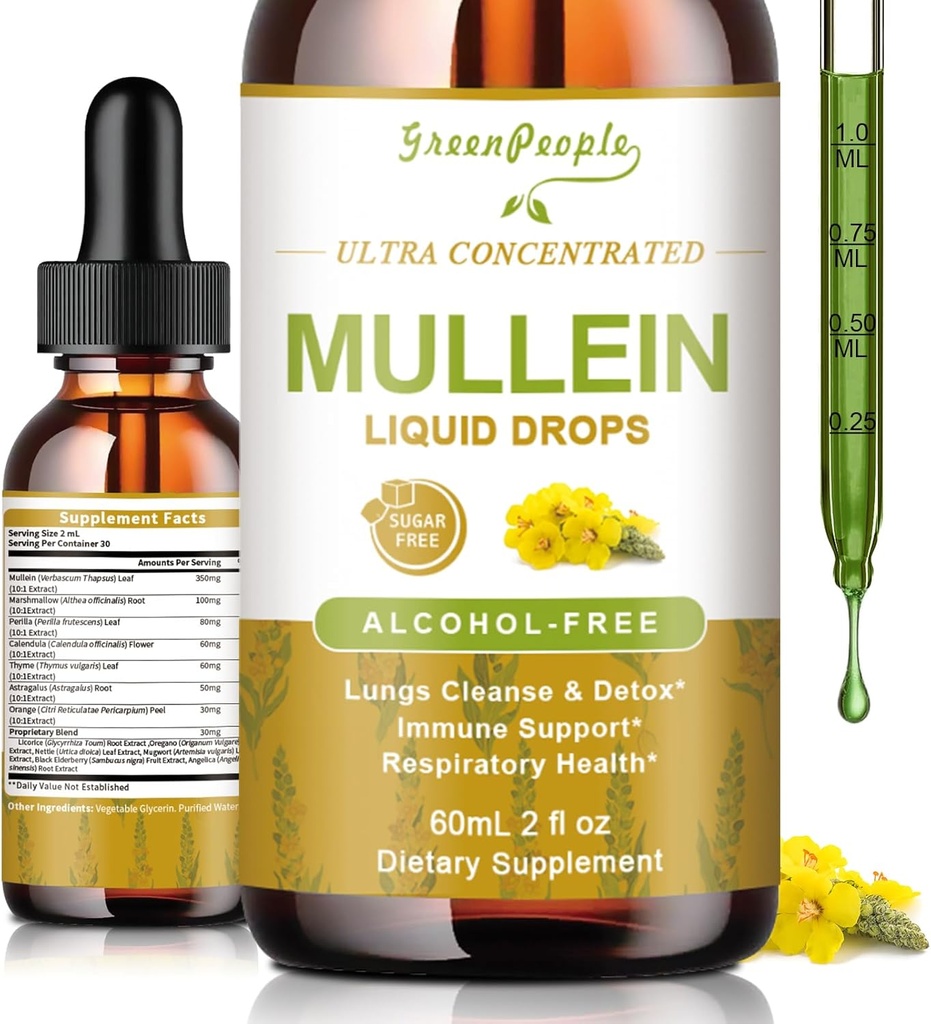 GREENPEOPLE Mullein Drops for Lungs & Lymphatic Drainage - 13-in-1 Botanical Blend w/Marshmallow Root, Elderberry, Oregano for Respiratory Support - Lung Detox for Smokers - Alcohol-Free, 2 fl