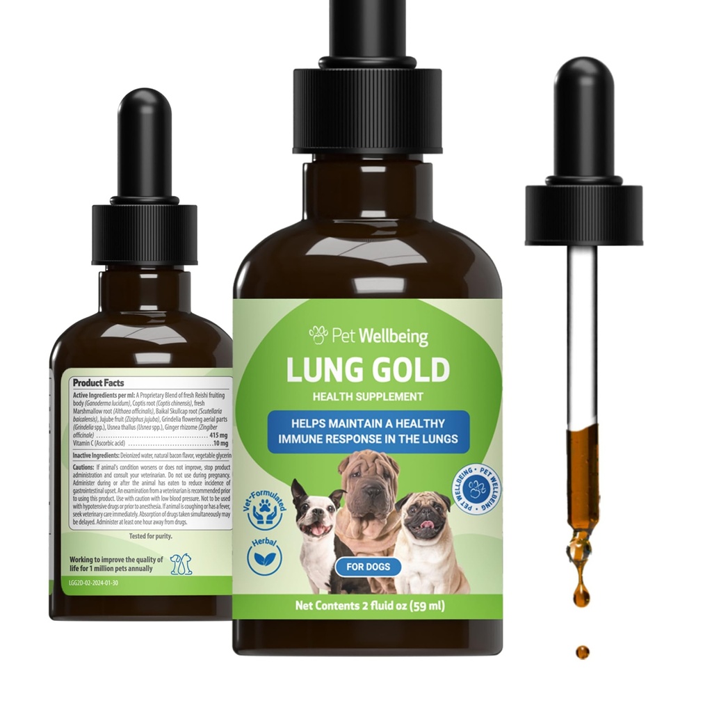 Pet Wellbeing Lung Gold for Dogs - Respiratory Support for Canine Lungs, Healthy Immune Defenses, Lower Respiratory Tract - NASC Certified & Vet-Formulated - 2 oz Liquid