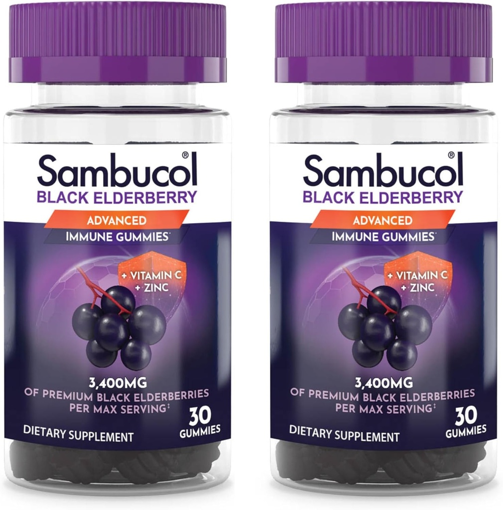 Sambucol Black Elderberry Gummies with Vitamin C & çinko - Sambucus Elderberry Gummies for Immune Support, Highoxys, Gluten Free, Vegan, Elderberry with çinko & C - 30 Count, 2 Pack