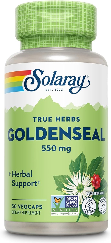 SOLARAY Goldenseal Root 550mg - Golden Seal Κάψουλες - φυτικά συμπληρώματα για την υποστήριξη της ευεξίας - μη ΓΤΟ, Vegan, Χωρίς γλουτένη, Εργαστήριο Επαληθευμένο, 60-Day εγγύηση επιστροφής χρημάτων, 50 υπηρεσίες, 50 VegCaps