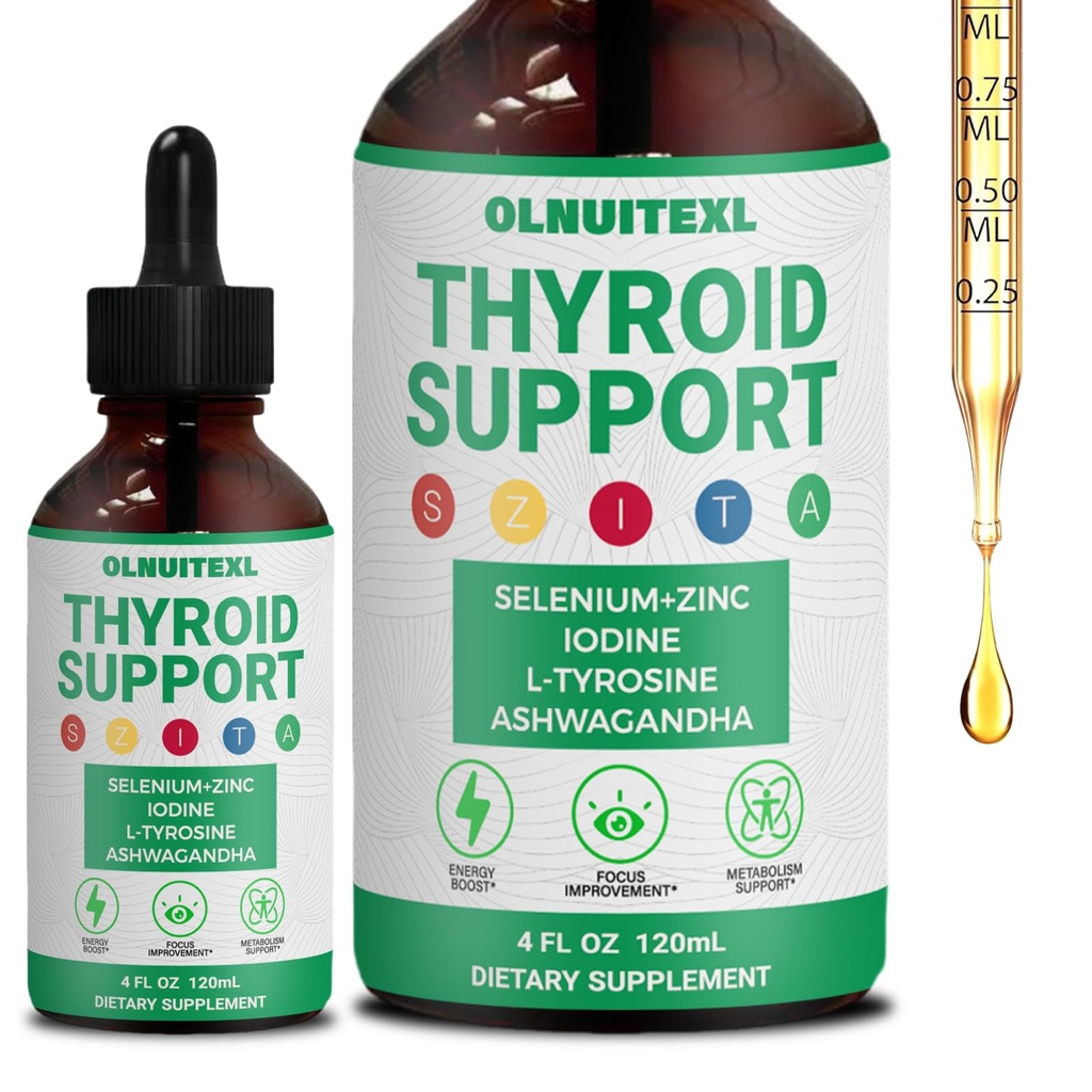 Thyroid Support Liquid Drops with Iodine, Selenium, Zinc, L-Tyrosine & Ashwagandha – 120mL (4 fl. oz.) Vegetarian, Non-GMO, Gluten-Free