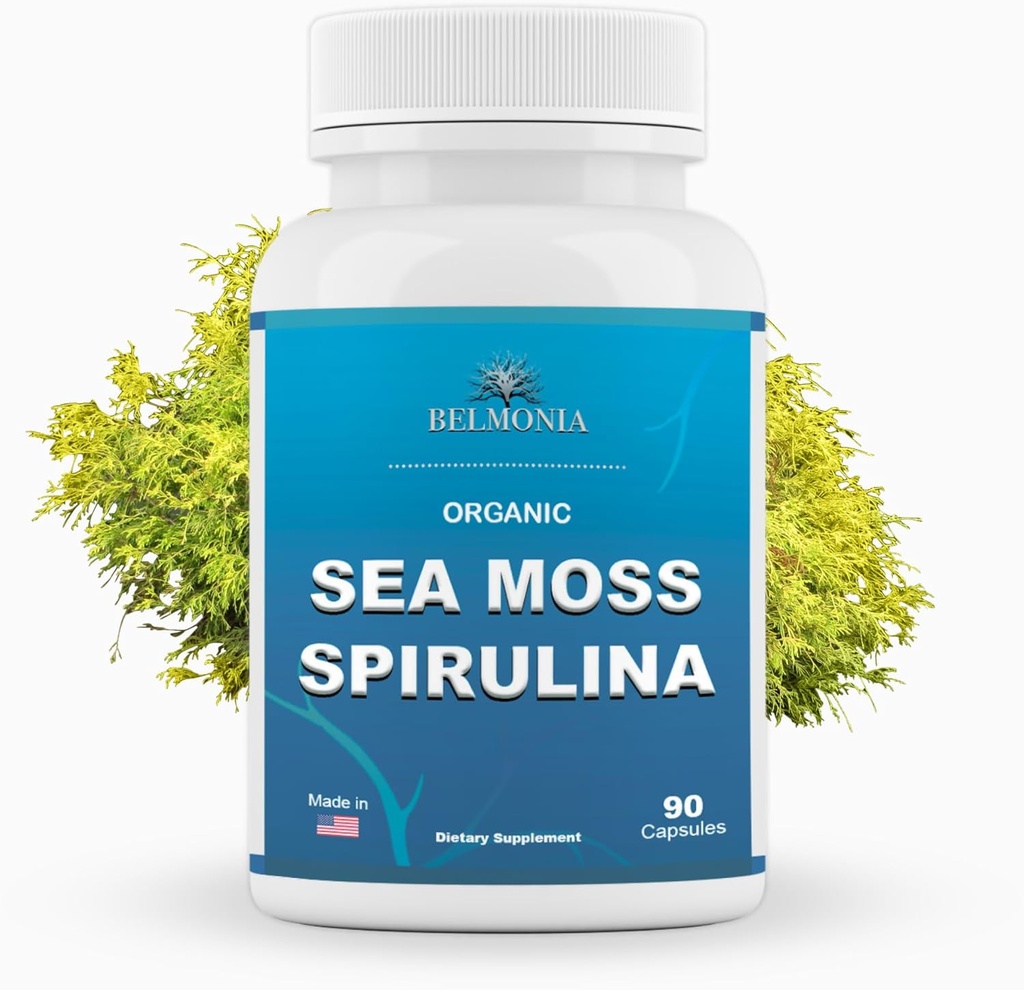 Organic Sea Moss Spirulina, 90 κάψουλες, συμπλήρωμα οργανικής θάλασσας Moss Spirulina, ανοσοποιητική υποστήριξη, αντοχή & μικροσυστατικά πηγή — κάψουλες Vegan για άνδρες και γυναίκες