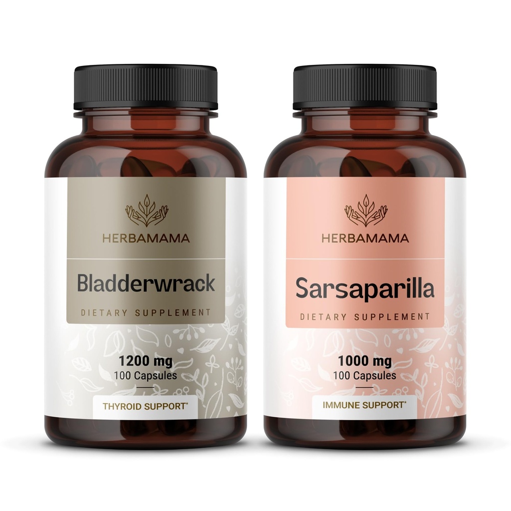 HERBAMAMA Bladderwrack and Sarsaparilla Kit - Bundle of 1200 mg Bladderwrack Sea Iodine & 1000 mg Sarsaparilla Root Capsules - Vegan, Non-GMO, Sugar & Gelatin-Free - 2 Pack