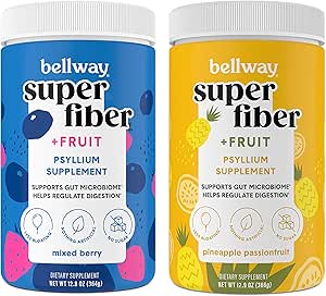 Bellway Super Fiber Powder + Φρούτα, Χωρίς ζάχαρη Βιολογικό Psyllium Husk Powder Fiber συμπλήρωμα για την κανονικότητα, Bloating Relief & Gut Health, Μη-GMO, Μικτό μούρο & Ανανάς Πάθος Φρούτα