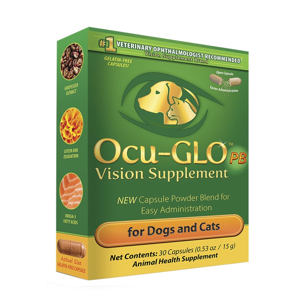 Ocu-GLO PB Vision Supplement for Small Dogs & Cats – Easy to Administer Powder Blend with Lutein, Omega-3 Fatty Acids, Grape Seed Extract and Antioxidants to Promote Eye Health, 30ct Sprinkle Capsules