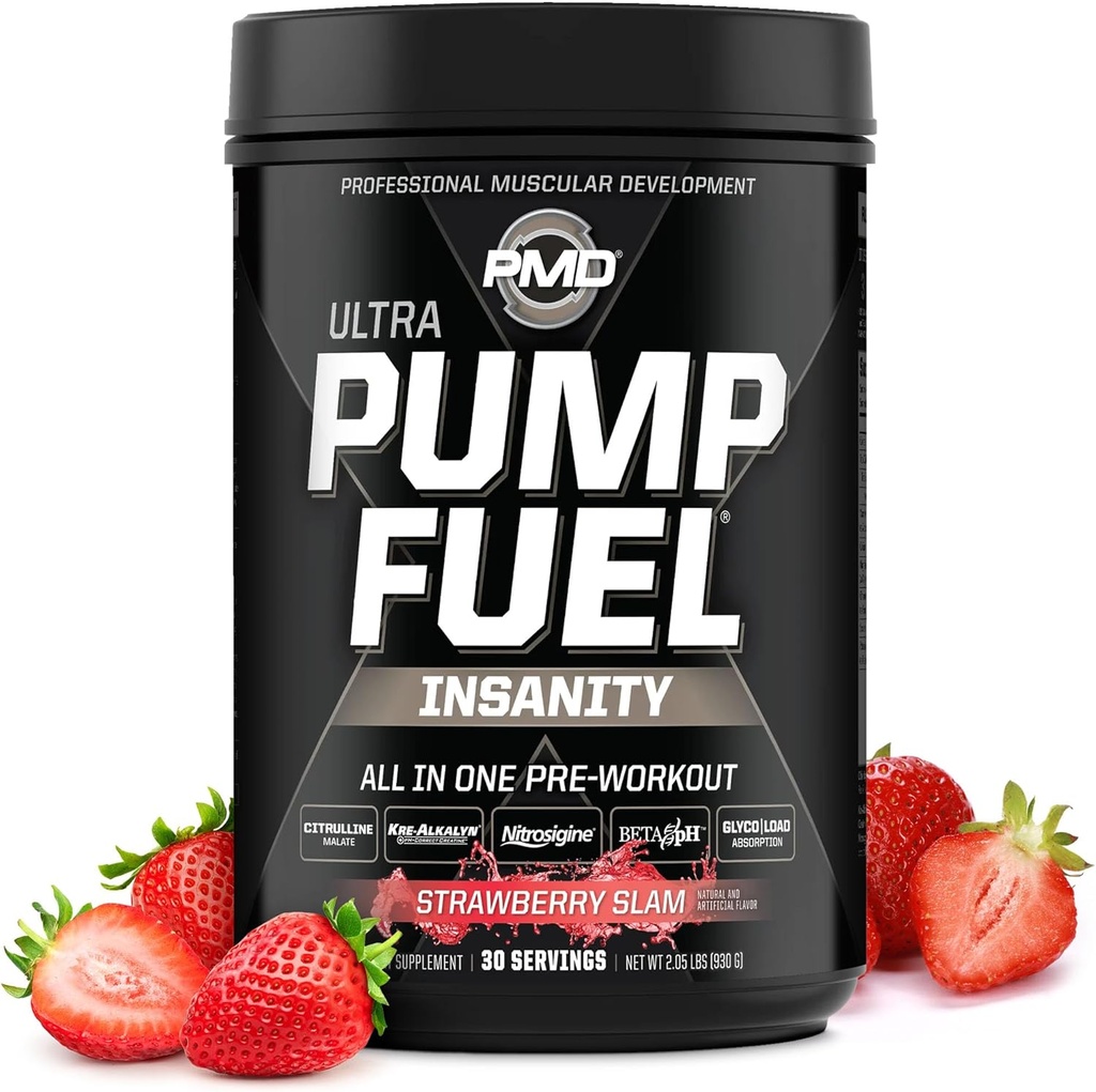 PMD Sports Pump Yakıt Insanlığı - Premium Pre Workout Toz & Muscle Pump, Greater Focus, Endurance & Recovery, Premium Kreine, Arginine & Beta Alanine - Strawberry Slam (30 hizmet)