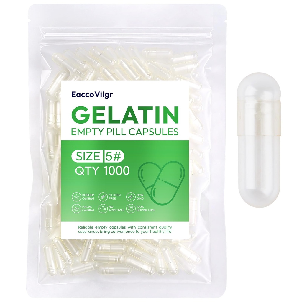 Size 5 Gelatin Empty Capsules - 1000 Count Clear Empty Pill Capsules, Fillable Empty Gel Capsule for Homemade Vitamins & Powders, Easy for DIY Supplements