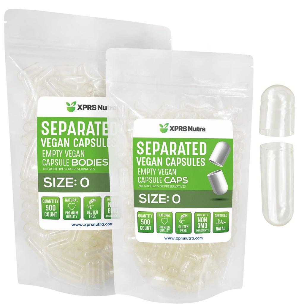 XPRS Nutra Vegan Size 0 Separated Capsules - 500 Count Clear Premium Empty Capsules Separated in Bags - Pills 0 for DIY Supplement Filling