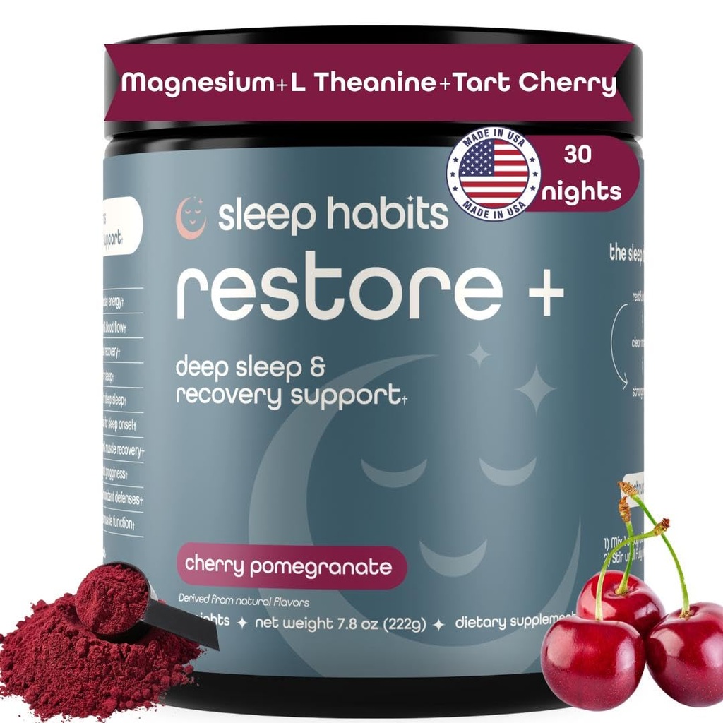 SleepHabits Restore | 30 Nights Magnesium Glycinate Powder Natural Sleep Aid with L-Theanine, Tart Cherry, Beet Root, | Calm Melatonin-Free Deep Sleep Supplement Drink for Recovery & Clear Mornings