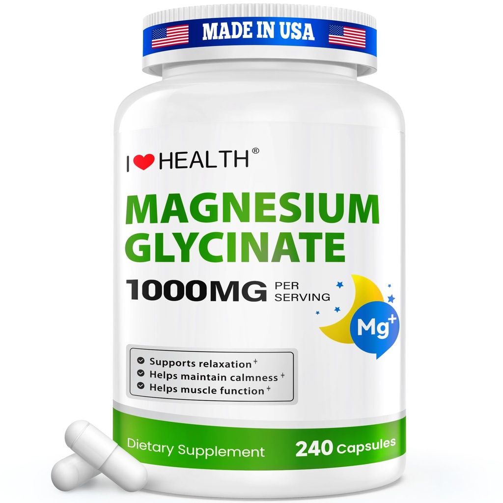 Magnesium Glycinate 1000mg per Serving– 240 Capsules – High Absorption Magnesium Supplement for Relaxation, Calmness & Muscle Support – Gentle on Stomach – Made in USA