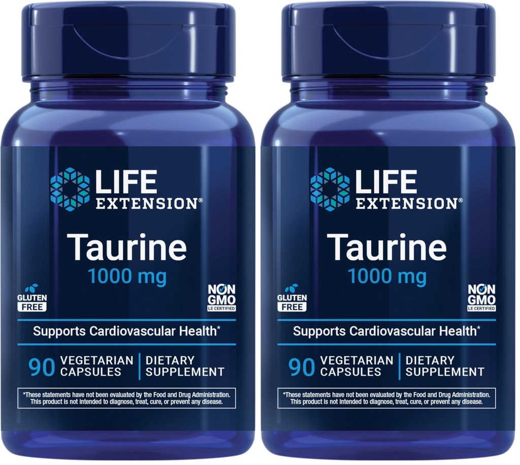 Life Extension Taurine,Pure Taurine Amino Acid Supplement,Heart,Liver and Brain Health,Longevity,Muscle and Exercise,1000 mg dose,Non-GMO,Gluten-Free,Vegetarian, Vegetarian, 90 Capsules (Pack of 2)