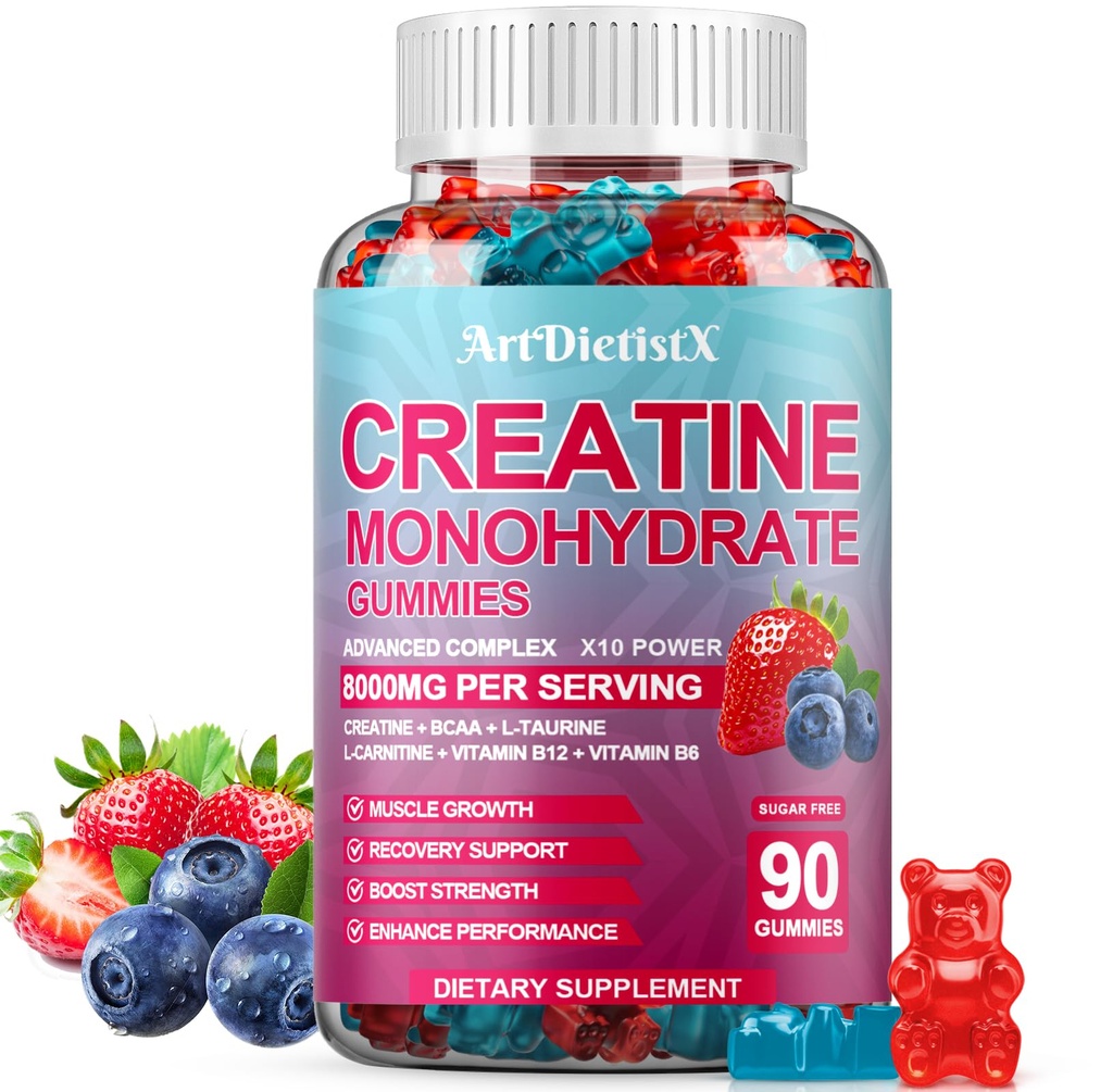 Creatine Monohydrate 8000mg Gummies με BCAA, L-καρνιτίνη, Ταυρίνη & Βιταμίνη B12 - Προ συμπλήρωμα προπόνησης για την ανάπτυξη των μυών, τη δύναμη και την ενέργεια, Multi-Flavor μασώμενα Gummies, 90 Count for Men & Women