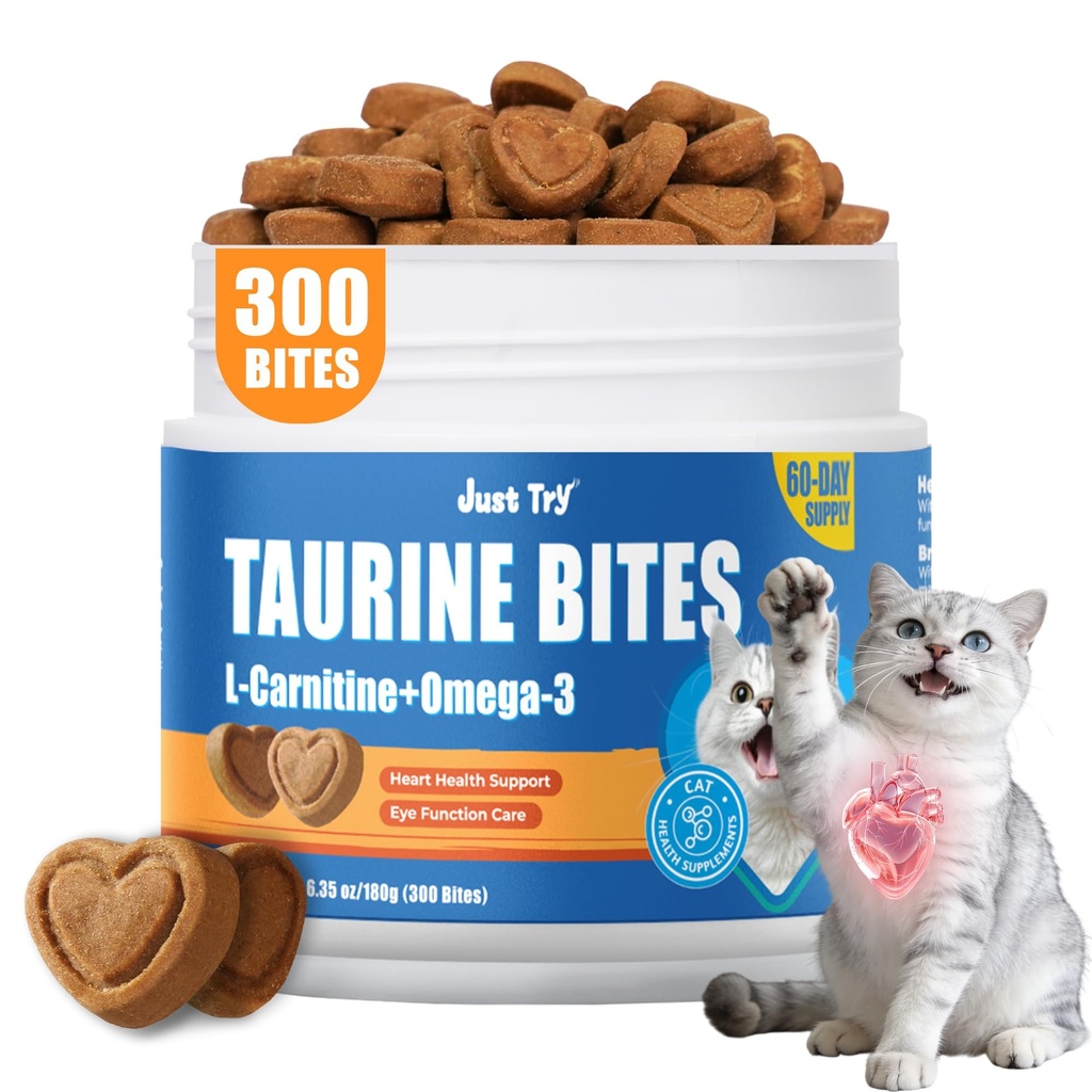 Just Try 6.35 oz Cat Taurine Bites - Taurine for Cats with L-Carnitine, Omega 3 and Vitamins - Supports Immune, Heart and Eyes Health Cat Supplements 300 Bites