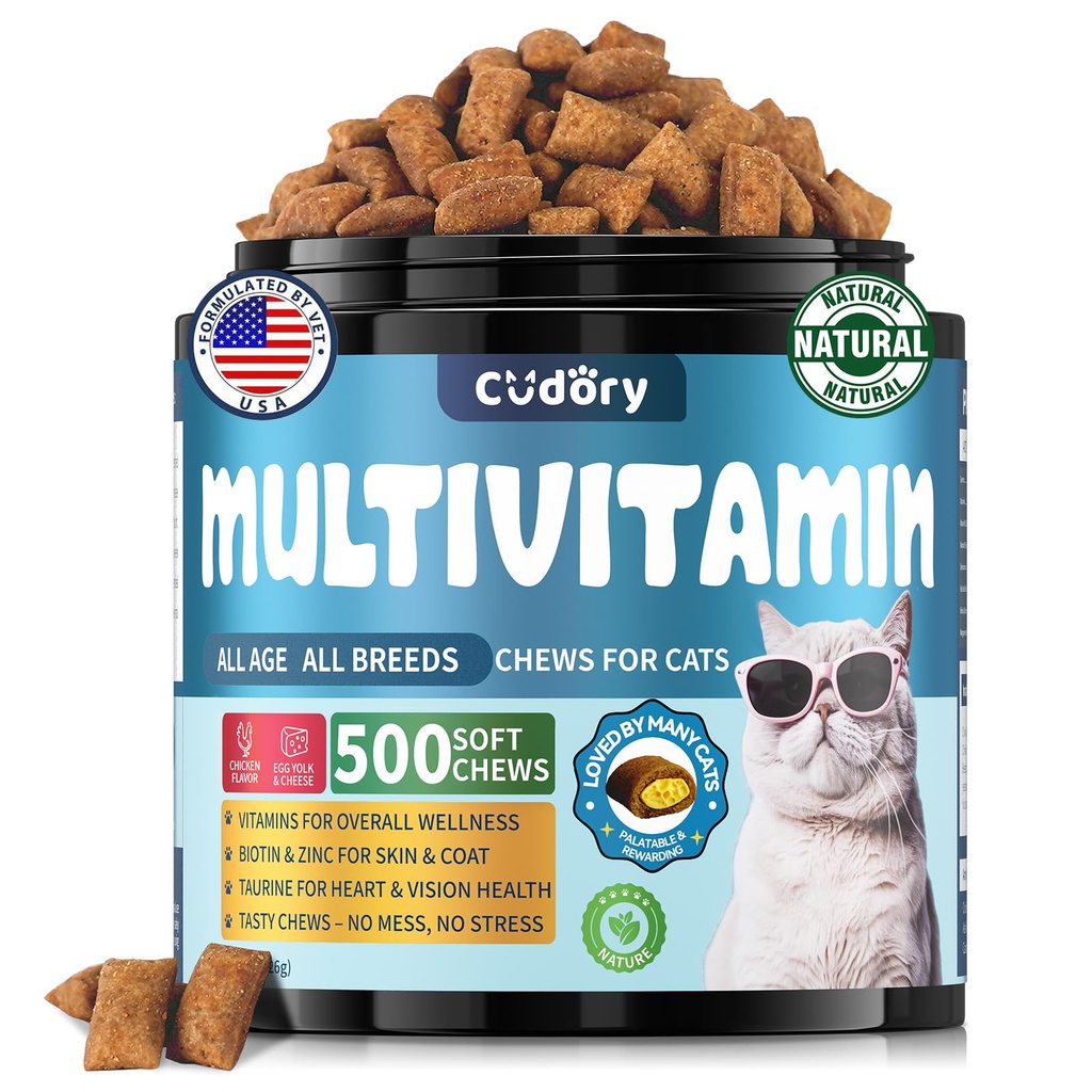 Taurine for Cats Vitamins Treats Snacks – Cat Multivitamin 500 Crunchy & Creamy Chews – Supports Immune, Joints, Digestion, Skin & Coat – Daily Healthy Supplement for Cats of All Ages (90-Day Supply)