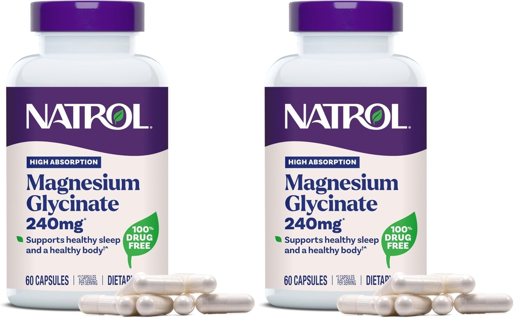Natrol Magnesium Glycinate Supplements 240 mg - High Absorption - Calm Magnesium Glycinate for Sleep - 60 Capsules,30 Day Supply,(Pack of 2)