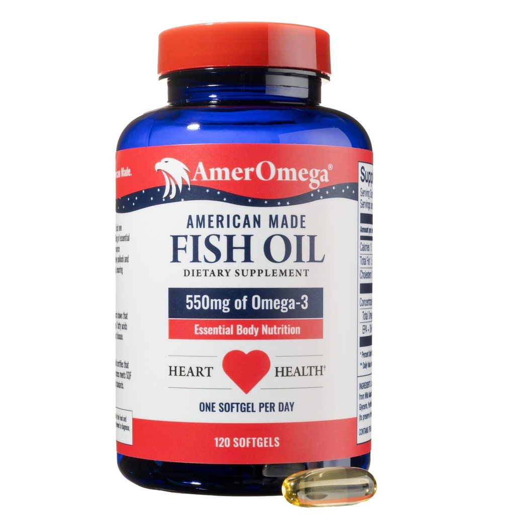 AmerOmega Triglyceride Omega-3 Fish Oil for Heart Health Support - Wild-Caught Alaskan Walleye Pollock - American-Kaynak, American-Made - Non-GMO, Gluten-Free & Dairy-Free - 120 Softgels