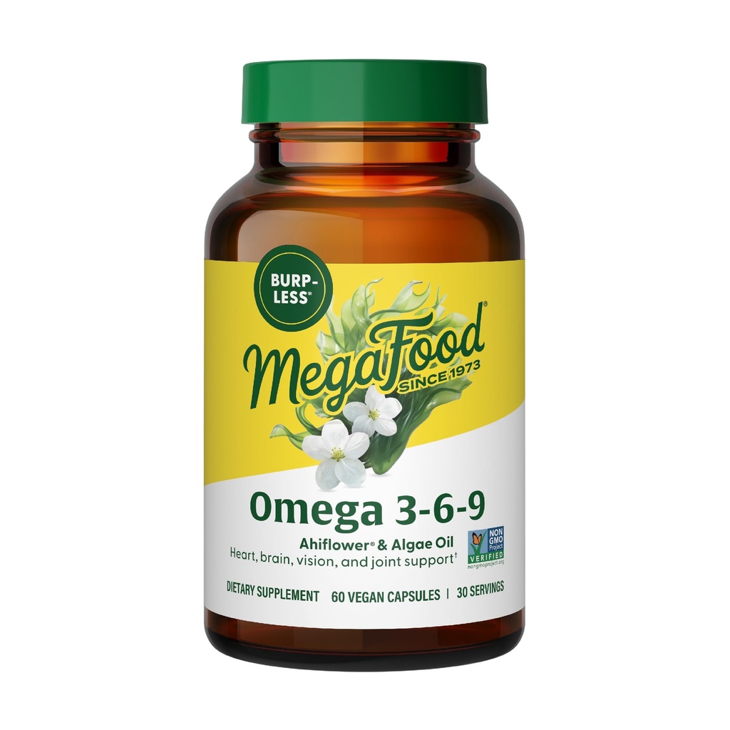 MegaFood Vegan Omega 3 6 9 - Burp-Less συμπλήρωμα - 600 mg Φυτικών Ωμέγα 3 & 150 mg DHA ανά υπηρεσία - Καρδιά, εγκέφαλος, όραση & κοινή υποστήριξη - Fish Oil Εναλλακτική - 60 κάψουλες, 30 εξυπηρετούν