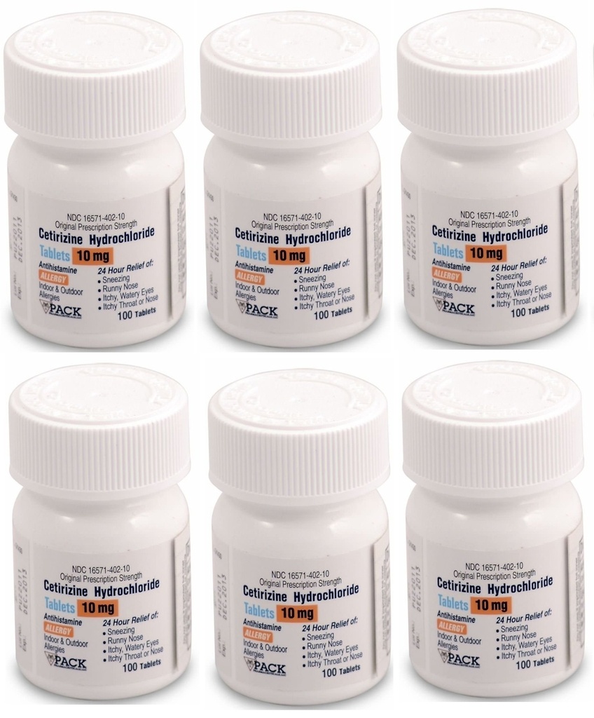 Cetirizine 10 mg Antihistamine Tablets 24 Hour Allergy Tablets 100 Tablets per Bottle Pack of 6 Total 600 Tablets