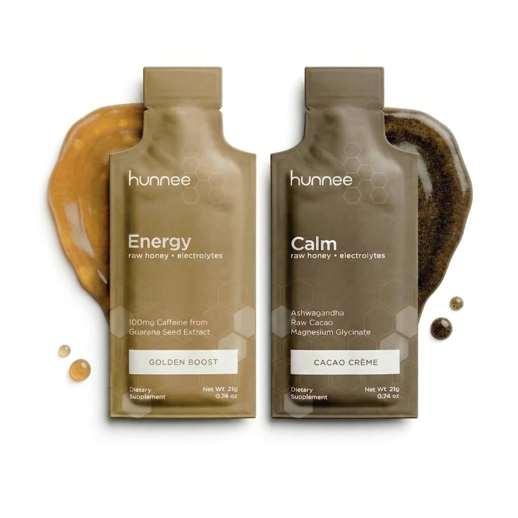 HUNNEE Energy + Calm Variety Pack | Raw Honey Gel Packets | Caffeine, Electrolytes, KSM-66 Ashwagandha, Magnesium Glycinate | Gluten-Free, Nut-Free, Non-GMO | 14x21g Sachets Each