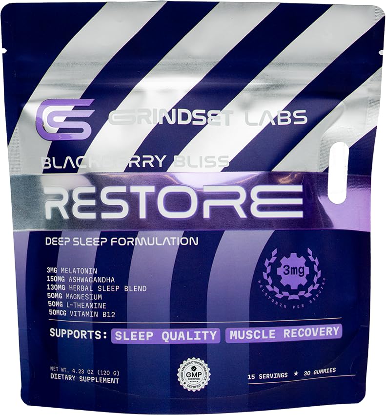 Restore Gummies, Ashwagandha KSM 66 with Magnesium, L-Theanine, Melatonin 3mg, Sleep Recovery and Relaxation Support, BlackBerry Bliss, 30 Count