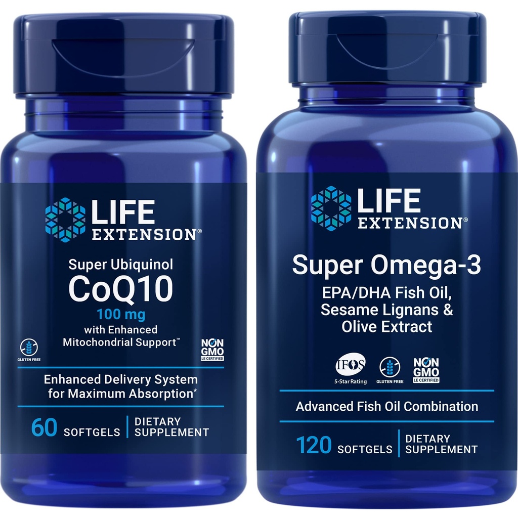 Life Extension Super Ubiquinol Coq10, 100 Mg, 60 Softgels | Super Omega-3 Epa/da Fish Oil, 120 Softgels | Heart & Brain Health Supplements, Inflammation Management, Anti-Aging Support.
