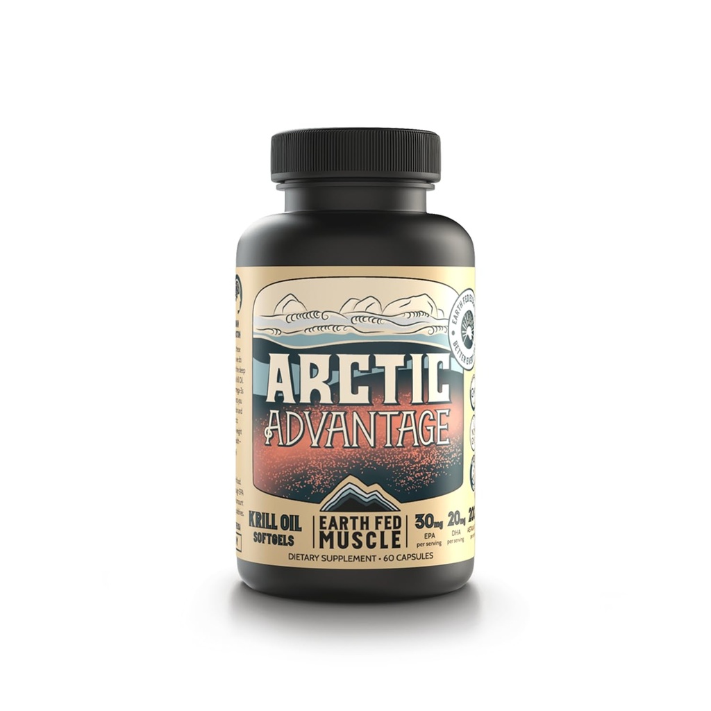 Earth Fed Muscle Arctic Advantage Krill Oil 500mg softgels, Omega-3 DHA & EPA for Heart, Brain, Eye & Joint Health Support, No Fishy Aftertaste, Non-GMO, Gluten-Free Antartic Krill Oil - 60 Capsules