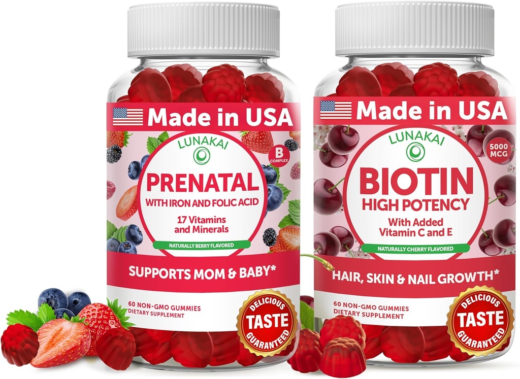 Lunakai Prenatal ve Biotin Gummies Sche - Hamile Multivitamin Gummy with Iron & Folic Acid - Saç Skin ve Nails Growth Supplement with Vitamin C and E - 30 Days Supply