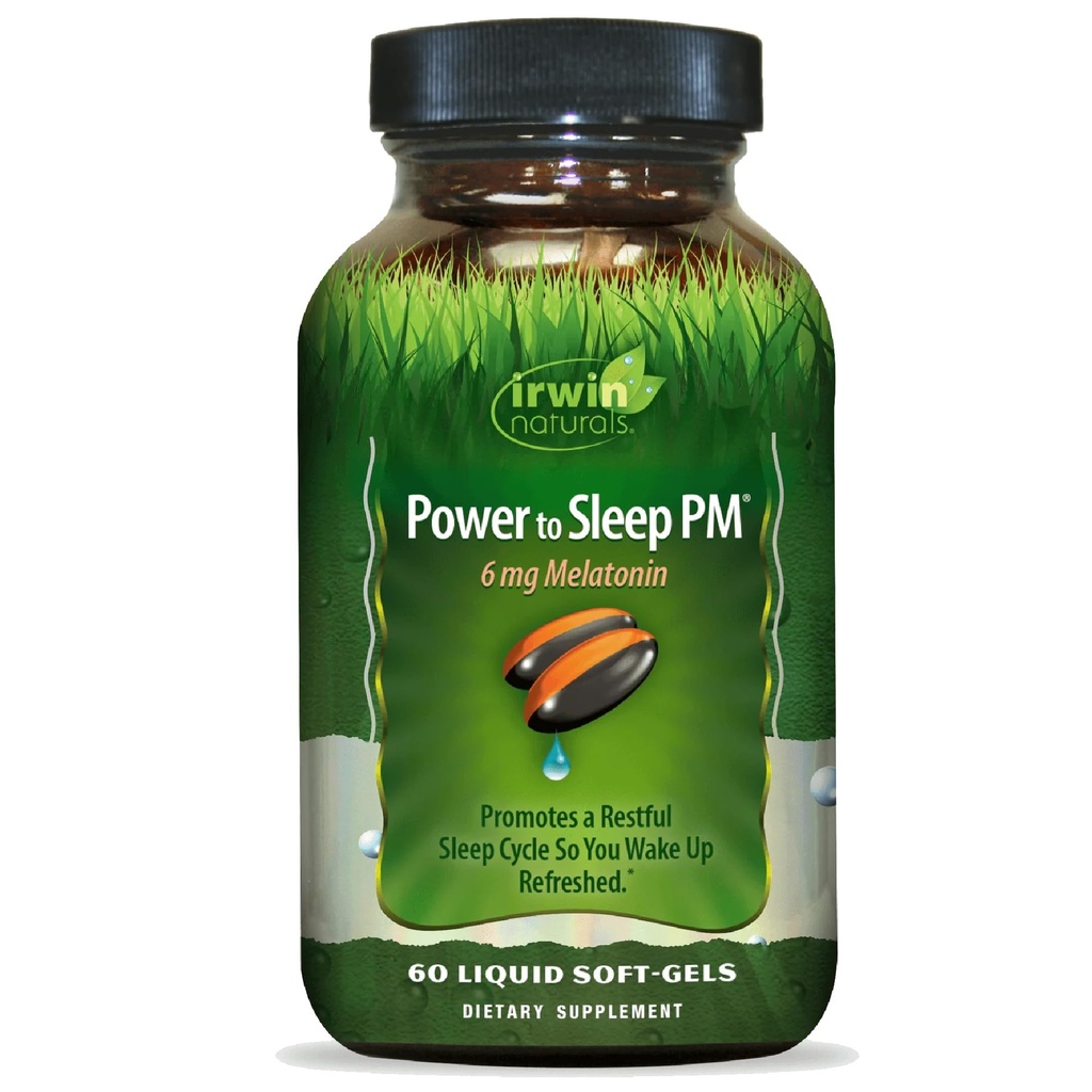 Irwin Naturals Power to Sleep PM - 6mg μελατονίνης, GABA, Ashwagandha, βαλεριάνας ρίζας & L-Θεανίνη συμπληρώματα για άνδρες και γυναίκες - Υποστηρίζει ξεκούραστο κύκλο ύπνου & χαλάρωση - 60 υγρά Soft-Gels