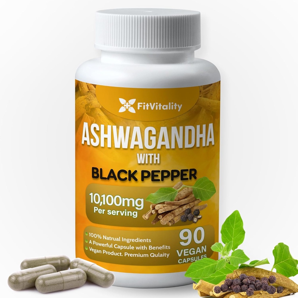 Ashwagandha Capsules, 90 Vegan Capsules, 10,100 Mg per Capsule - 100% Natural Ashwagandha Root Extract Toz ve Black Pepper Extract, Non-GMO, Gluten-Free