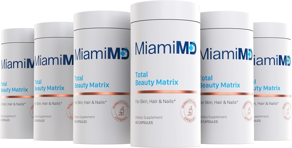 MiamiMD Total Beauty Matrix Collagen Συμπληρώματα για γυναίκες - κάψουλες κολλαγόνου με βιταμίνη C για τα μαλλιά, το δέρμα και τα νύχια - Σκληρό δωρεάν - (60 κάψουλες) - 6 Pack